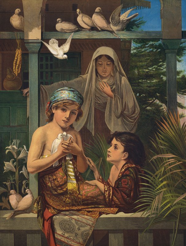 Jesus Kristus och Johannes Döparen som pojkar, med Jungfru Maria (färgad gravyr) av European School
