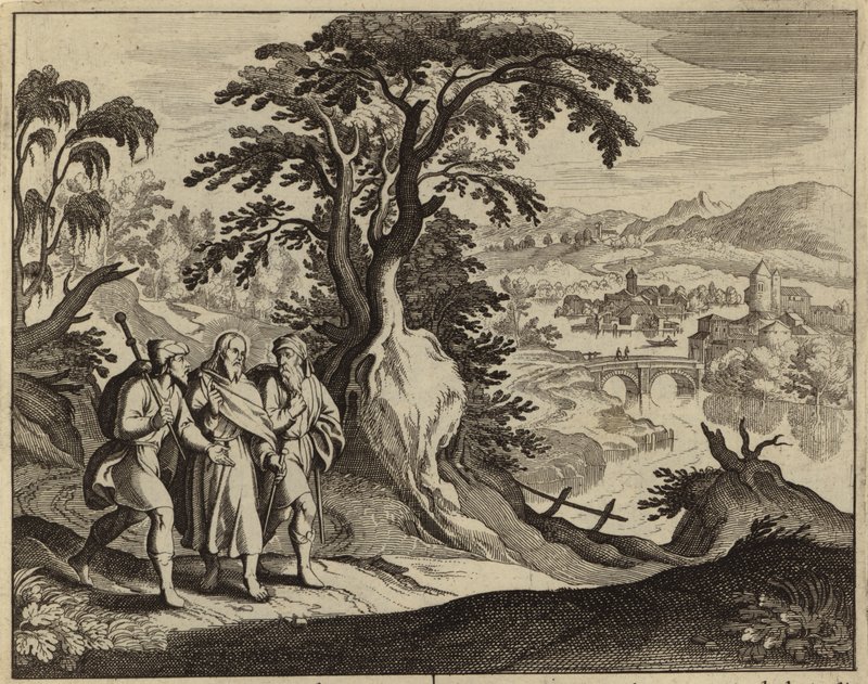 Jesus Kristus visar sig för två lärjungar på vägen till Emmaus (gravyr) av European School