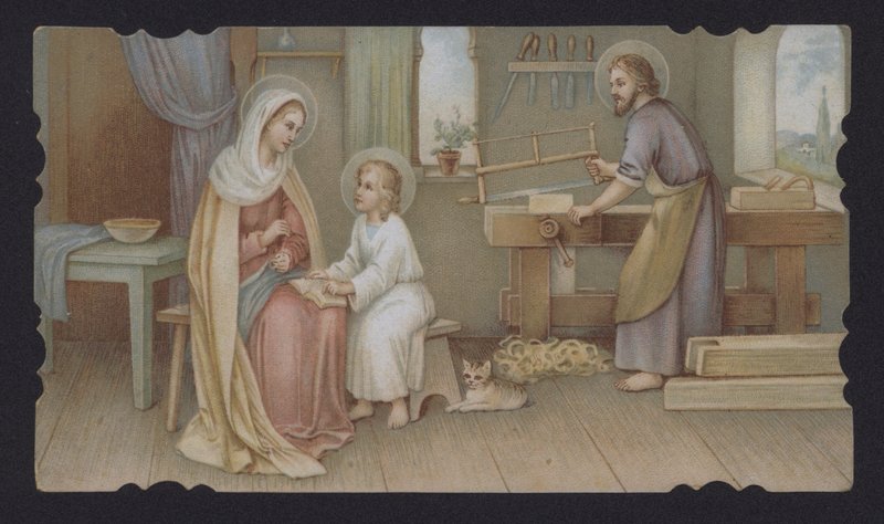 Jesus Kristus som pojke med sin mor, Maria, i Josefs snickeri (chromolitho) av European School
