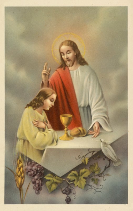 Jesus Kristus välsignar en flicka som tar nattvarden (färglitografi) av European School
