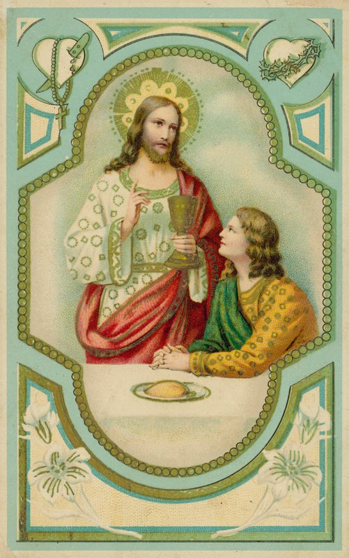 Jesus Kristus välsignar en man som tar nattvarden (chromolitho) av European School