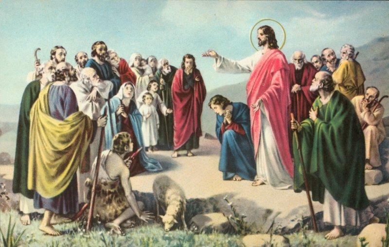 Jesus Kristus håller bergspredikan (färglitografi) av European School