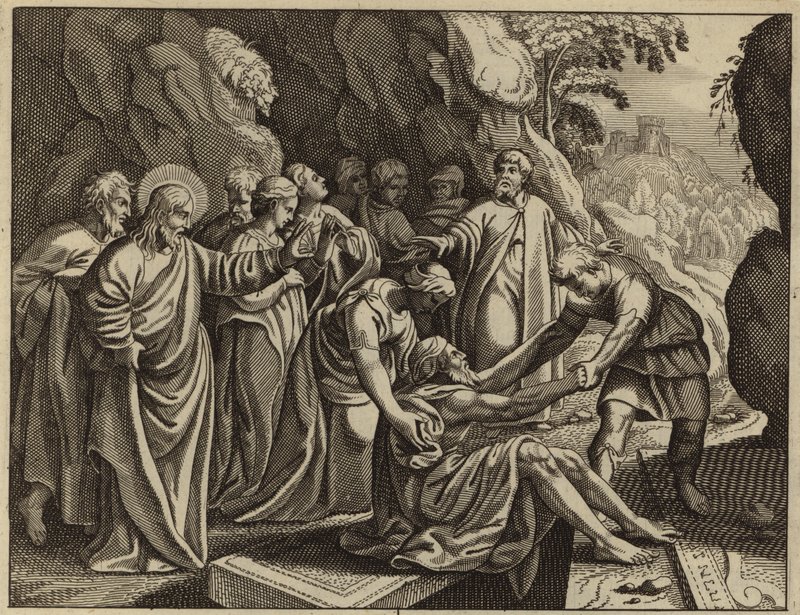 Jesus Kristus uppväcker Lasarus från de döda (gravyr) av European School