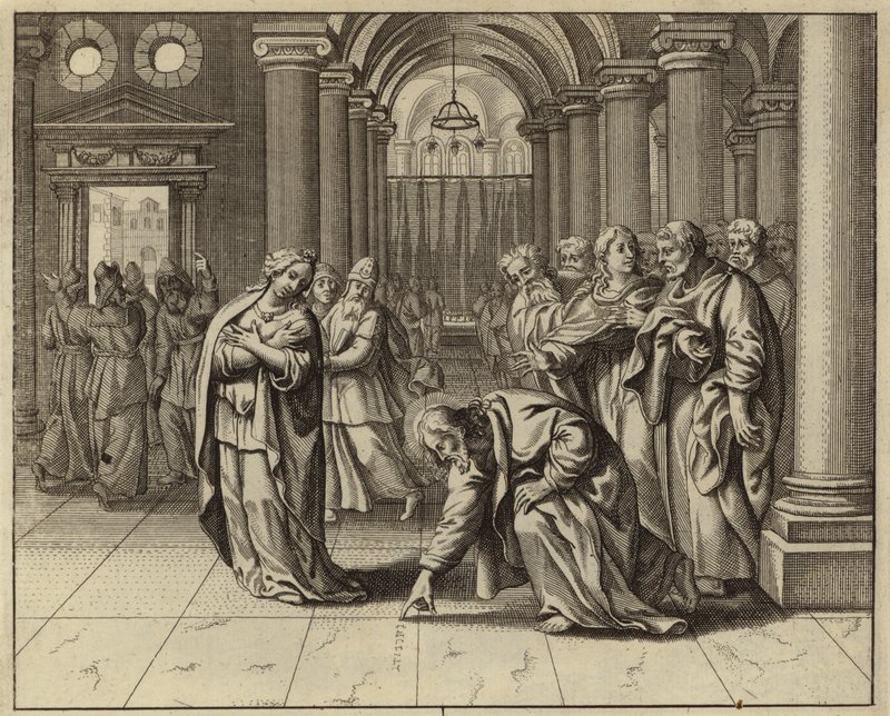Jesus och kvinnan fångade i äktenskapsbrott (gravyr) av European School