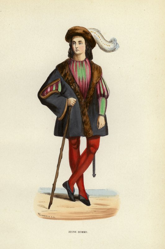 Ung man (färgad gravyr) av European School