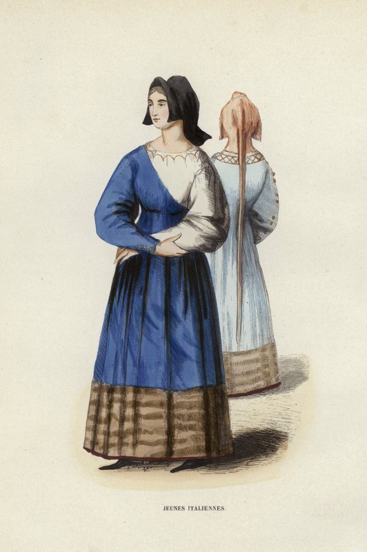Italienska flickor (färgad gravyr) av European School