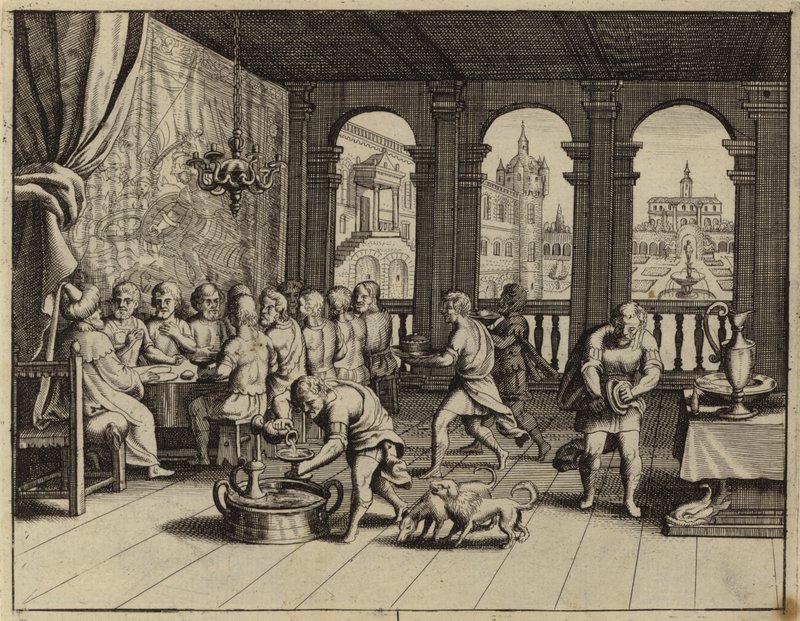 Josef serverar en bankett för sina bröder i Egypten (gravyr) av European School