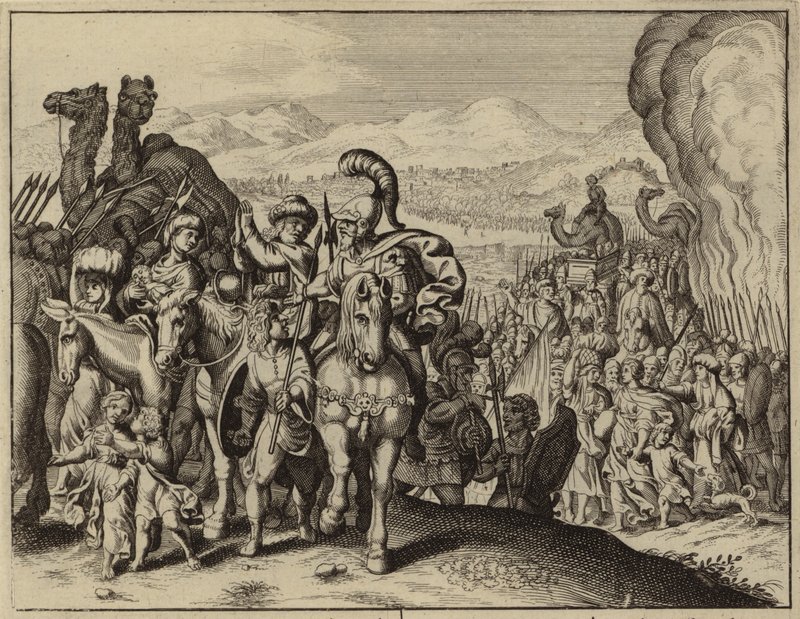 Josua och israeliterna korsar Jordanfloden och går in i Kanaan (gravyr) av European School