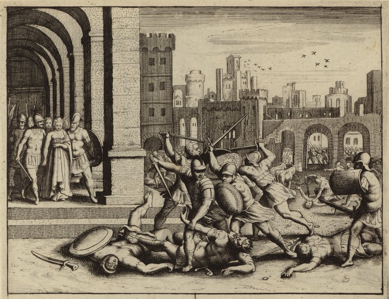 Dödandet av Hamor och Sikem av Simeon och Levi som hämnd för våldtäkten av deras syster Dina (gravyr) av European School