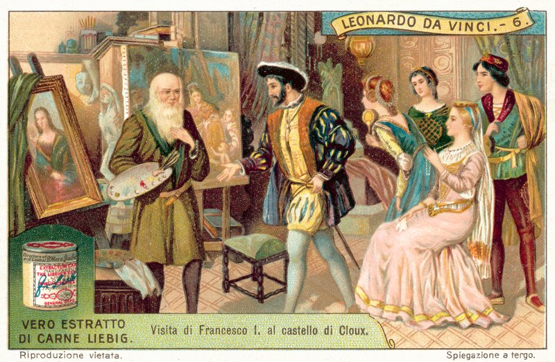Kung Francis I av Frankrike besöker Leonardo da Vinci på Clos Luce (chromolitho) av European School