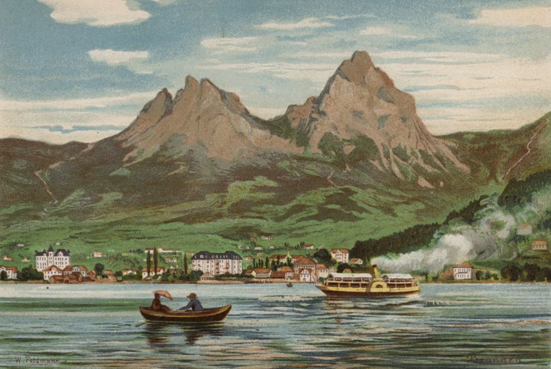 Vierwaldstättersjön: Brunnen (färg litho) av European School