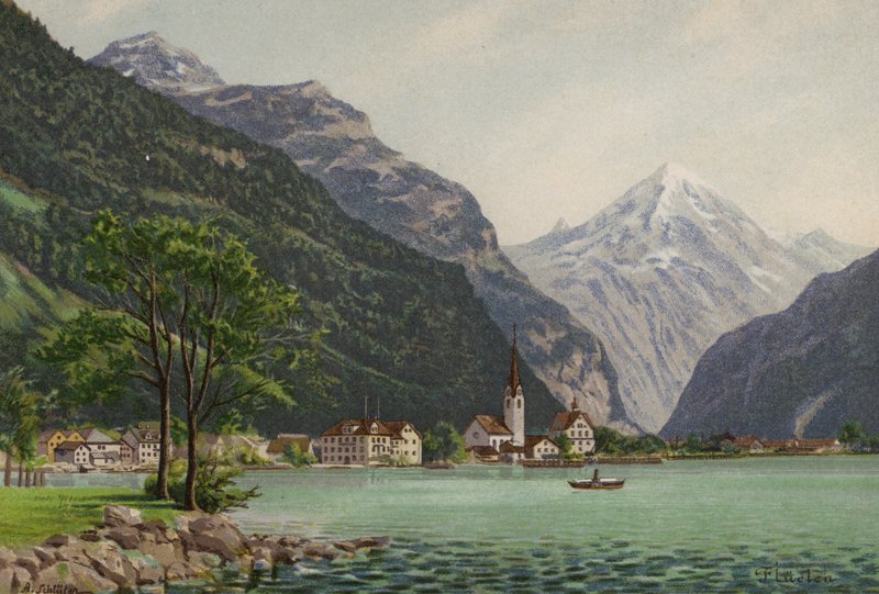 Luzernsjön: Fluelen (färglitografi) av European School