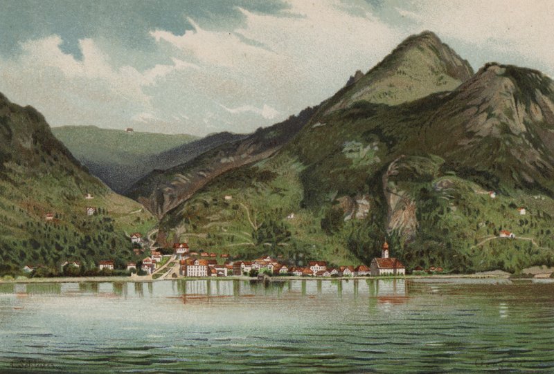 Luzernsjön: Gersau (färglitografi) av European School