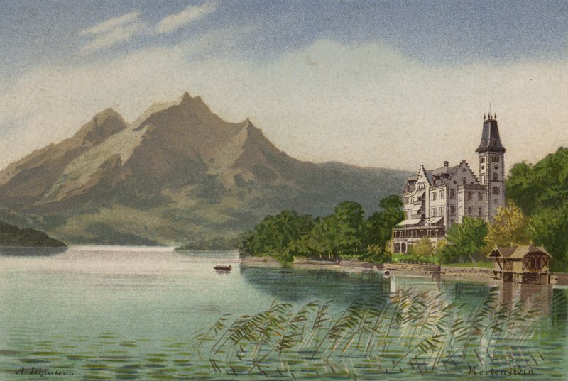 Vierwaldstättersjön: Hertenstein (färg litho) av European School