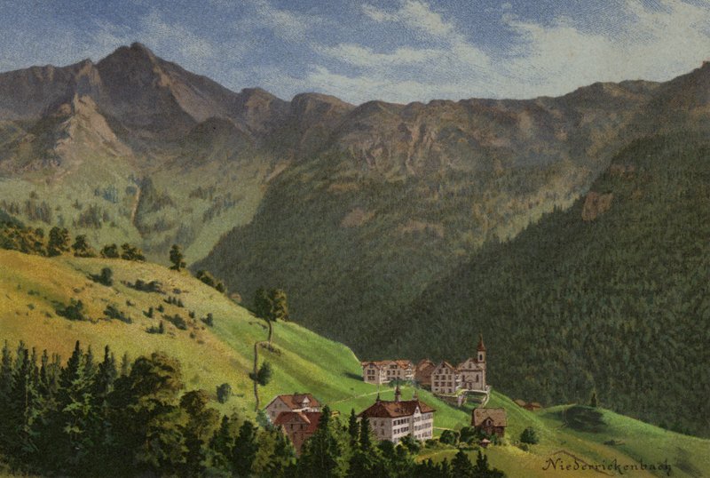 Vierwaldstättersjön: Niederrickenbach (färg litho) av European School
