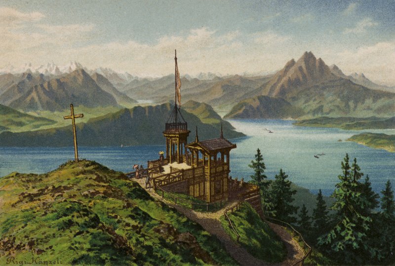 Luzernsjön: Rigi-Kanzeli (färglitografi) av European School
