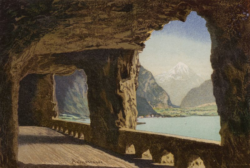 Luzernsjön: Axenstrasse (färglitografi) av European School