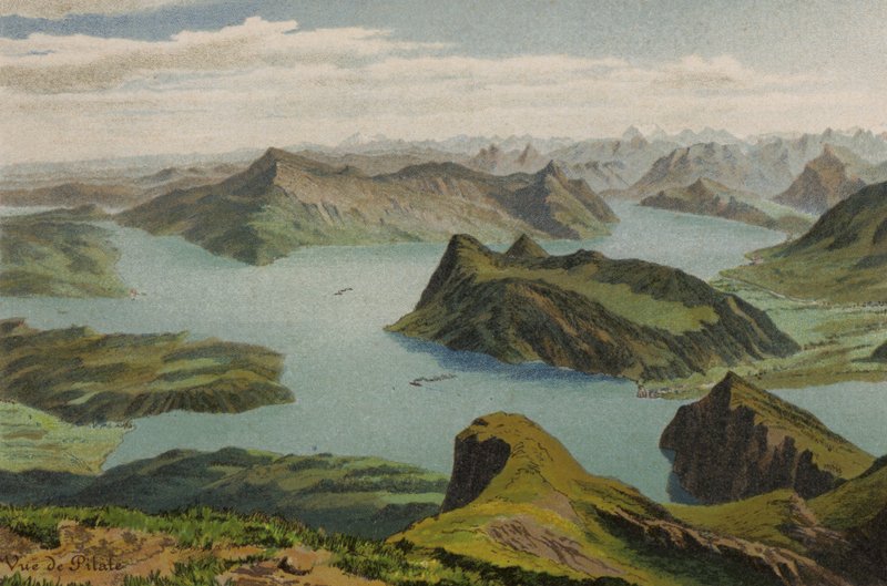 Vierwaldstättersjön: Utsikt från Pilatus (färg litho) av European School