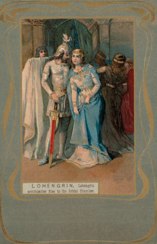 Lohengrin följer med Elsa till brudkammaren (färglitografi) av European School