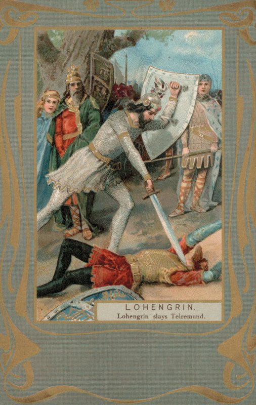 Lohengrin dräper Telremund (färglitografi) av European School
