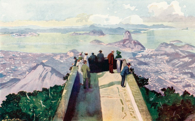 Nedblick från den östra kanten av Corcovado Peak, 2.300 fot (färglitografi) av European School