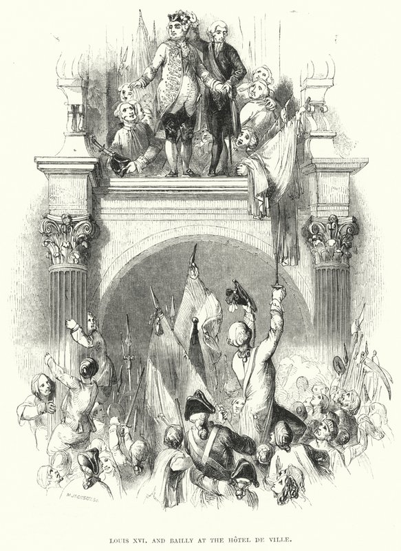 Louis XVI och Bailly på Hotel de Ville (gravyr) av European School
