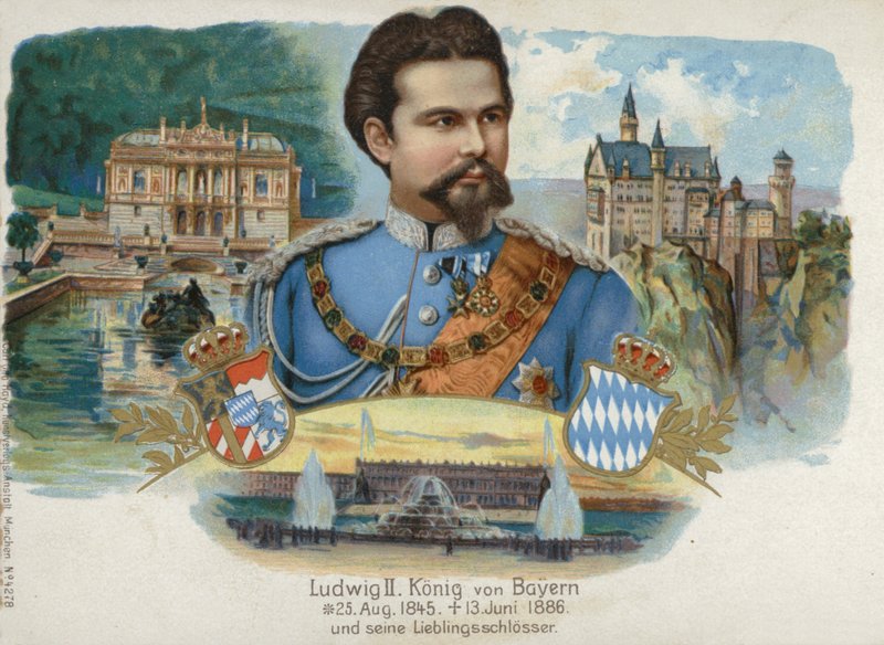 Ludwig II, kung av Bayern, och hans favoritslott (chromolitho) av European School