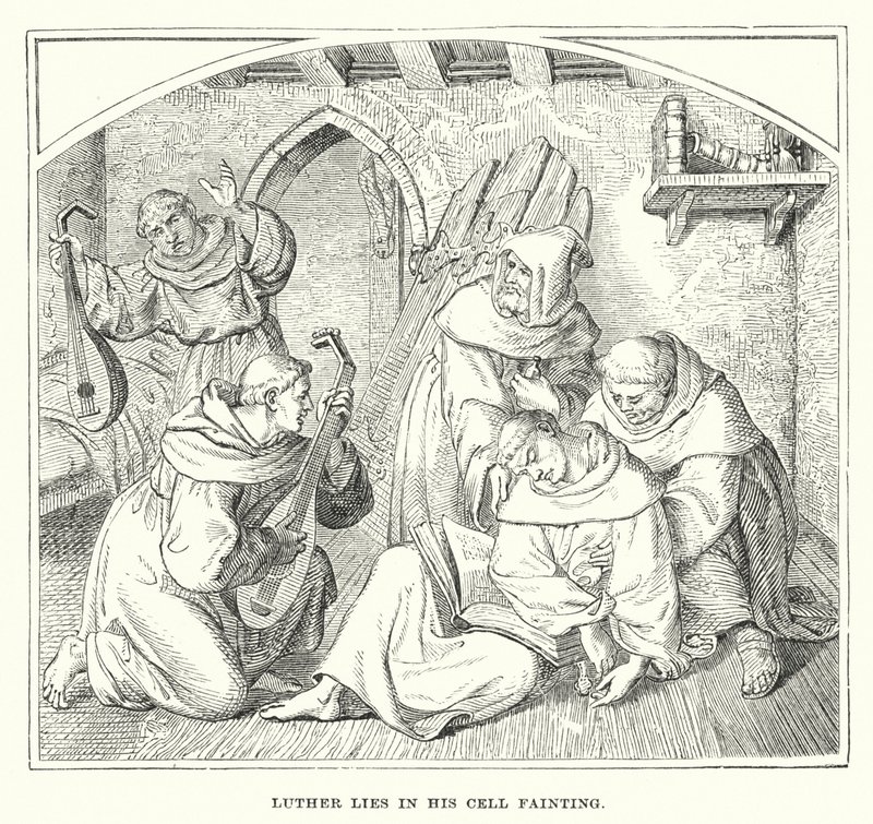 Luther ligger i sin cell och svimmar (gravyr) av European School