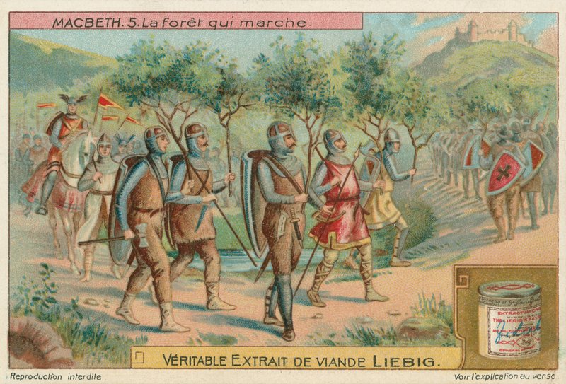 Macbeth. Skogen som marscherade, Liebig-kort, början av 1900-talet (chromo) av European School