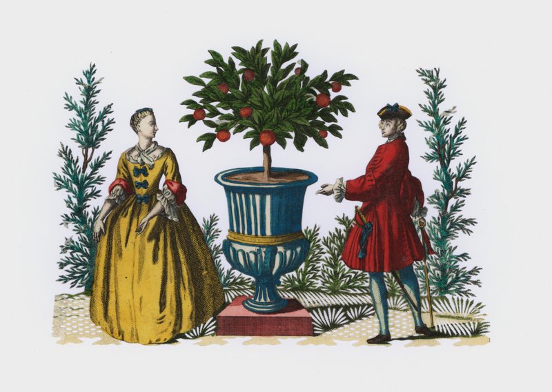 Man och kvinna i 1700-talsklänning i en trädgård (färgad gravyr) av European School