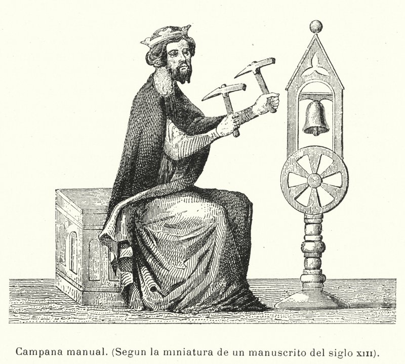Man som ringer en klocka för hand med hammare (litho) av European School