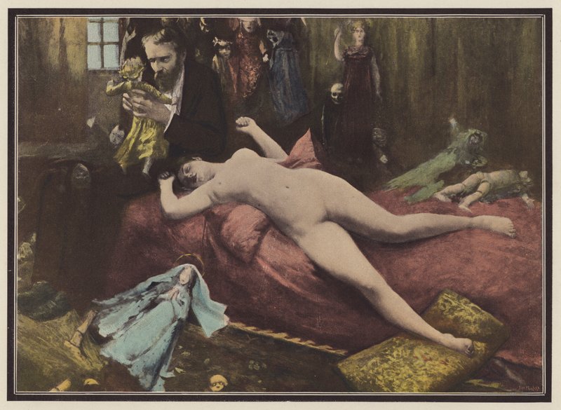 Man med dockor (färg litho) av European School
