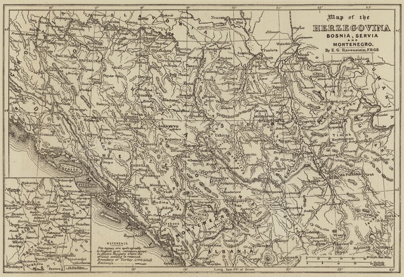 Karta över Hercegovina, Bosnien, Servia och Montenegro (gravyr) av European School