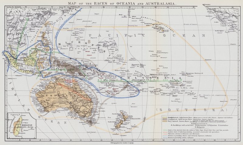 Karta över tävlingarna i Oceanien och Australasien (färglitografi) av European School