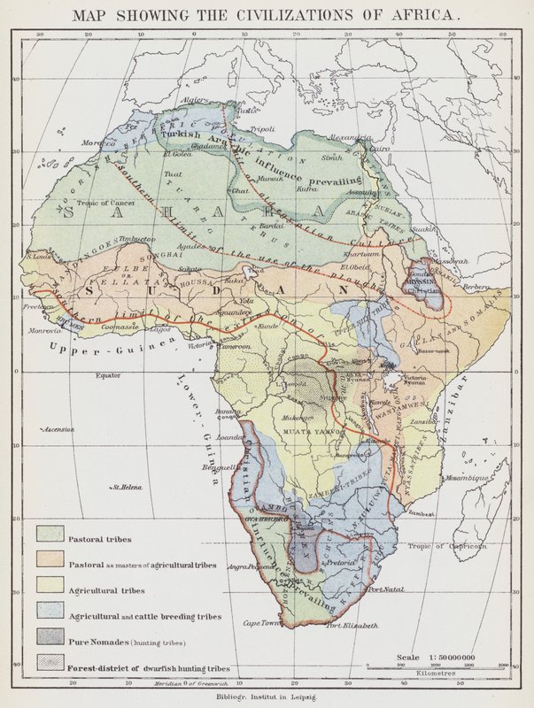 Karta över civilisationerna i Afrika (färglitografi) av European School