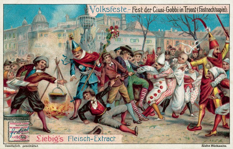 Mardi Gras-firande i Trento, Italien (chromolitho) av European School