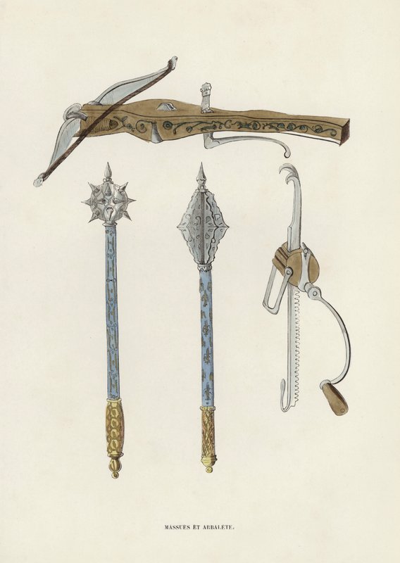 Klubbor och armborst (färgad gravyr) av European School