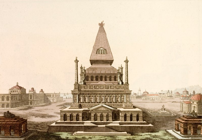 Mausoleet vid Halikarnassus, graven av den persiske satrapen Mausolus, ett av den antika världens sju underverk (färgad gravyr) av European School