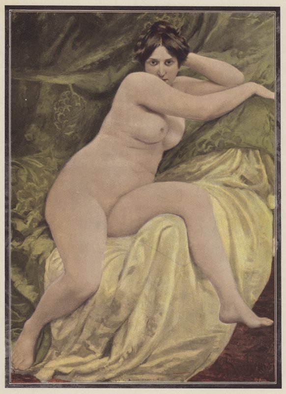 Mediterar, kvinna sitter på en stol (färg litho) av European School