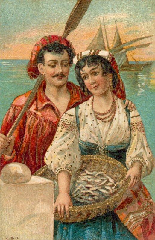 Fiskare och kvinna från Medelhavet (färglitografi) av European School