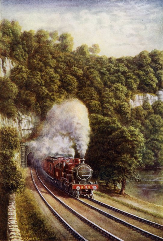 Midland Scotch expresståg på Midland Railway som färdas genom Yorkshire Dales (färg litho) av European School