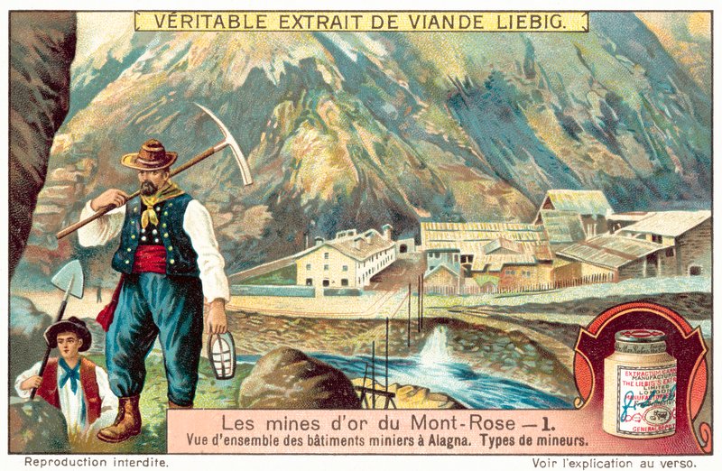 Gruvarbetare och gruvbyggnader vid Monte Rosa guldgruvor, Italien (chromolitho) av European School