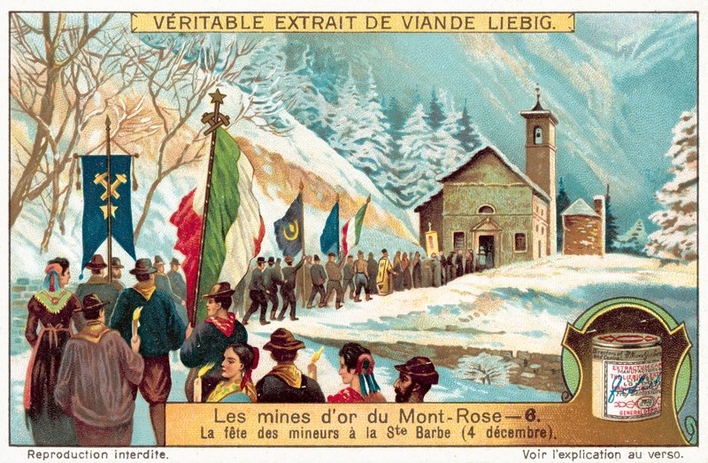 Gruvarbetare i Monte Rosas guldgruvor som firar festen för St Barbara, skyddshelgon för gruvarbetare (chromolitho) av European School