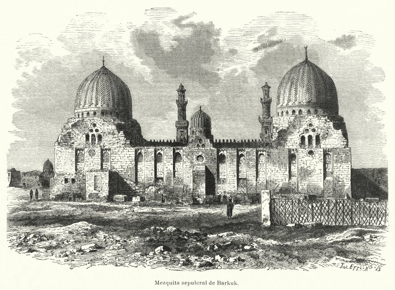 Sultan Barquqs moské och mausoleum, Kairo, Egypten (litho) av European School