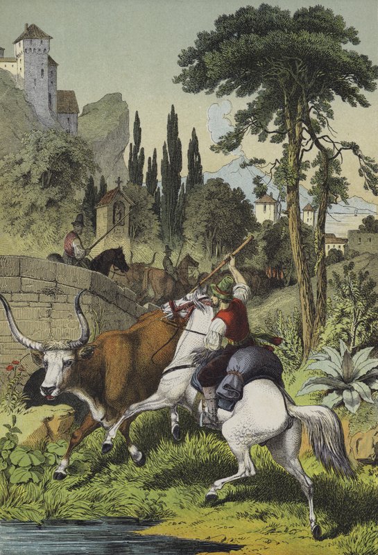 Beridna herdar i Italien som förföljer en stäpptjur i ett landskap med vilda kastanjer, kluster tall och italienska poppelträd (färg litho) av European School