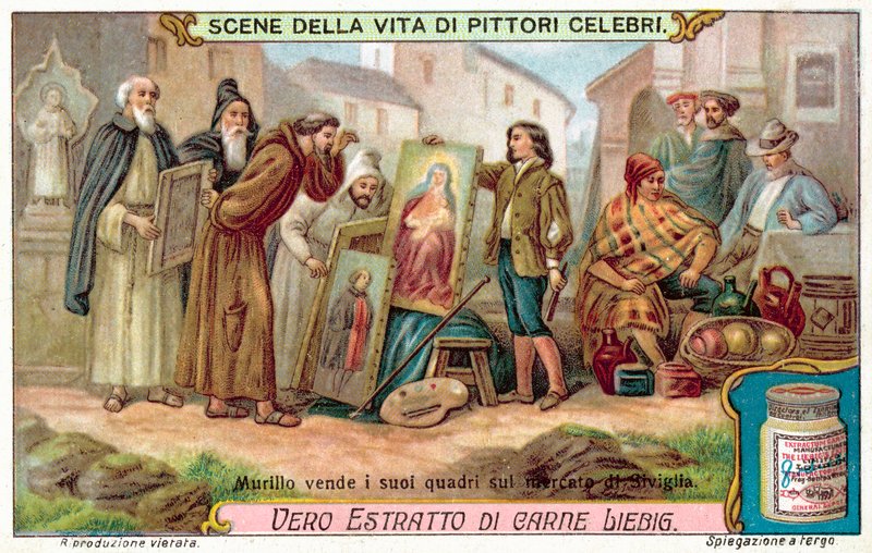 Murillo säljer sina målningar på marknaden i Sevilla (chromolitho) av European School