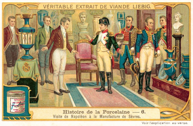 Napoleon I besöker porslinsfabriken i Sevres, Frankrike (chromolitho) av European School