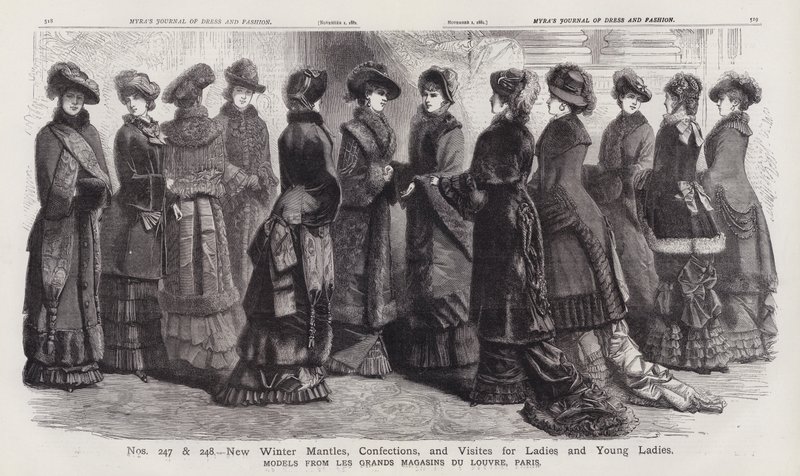 Nya vintermantlar, konfektyrer och visiter för damer och unga damer, modeller från Les Grands Magasins du Louvre, Paris (gravyr) av European School