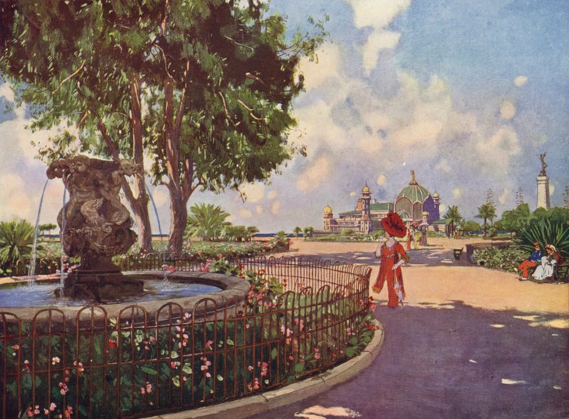 Nice, La Jetee, monumentet och Fontaine des Phoceens (färglitografi) av European School