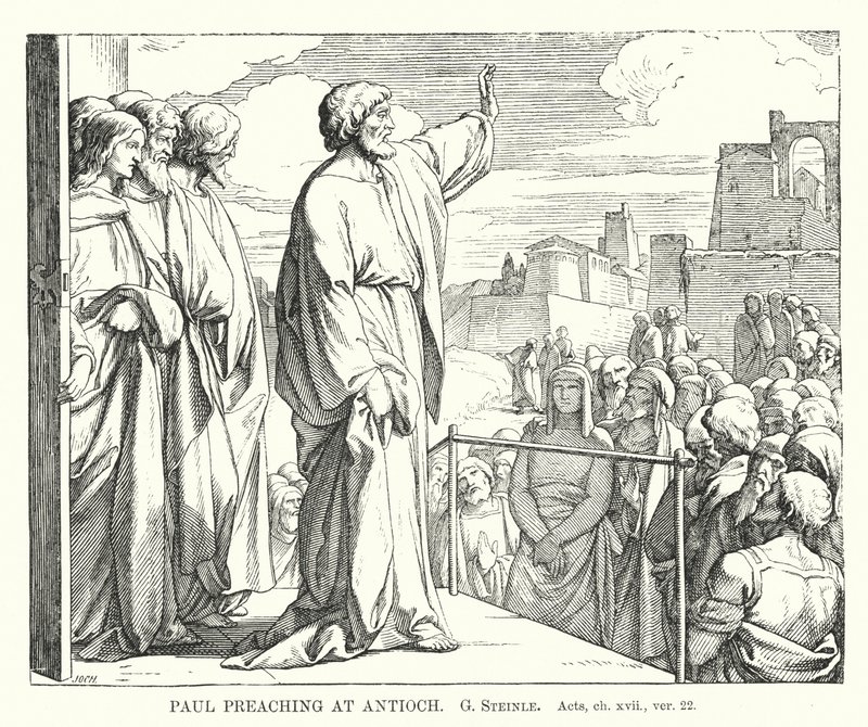 Paulus predikar i Antiokia, Apostlagärningarna, kap xvii, ver 22 (gravyr) av European School